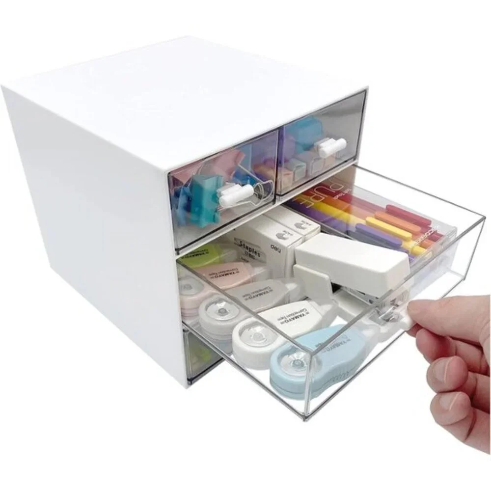 New White Makeup Organizer, Desk Storage Box with 4 Drawers for Vanity & Home